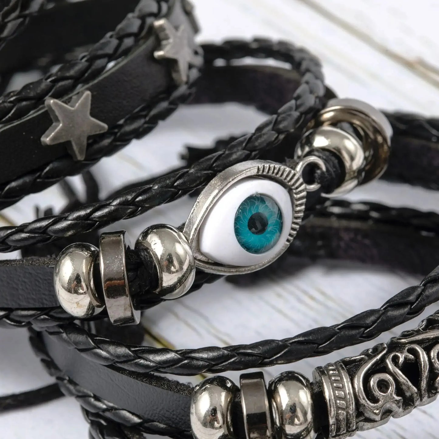 5-Piece DIY Punk Bracelet Set – Unique Evil Eye, Wing & Star Designs in Braided PU Leather with Beads