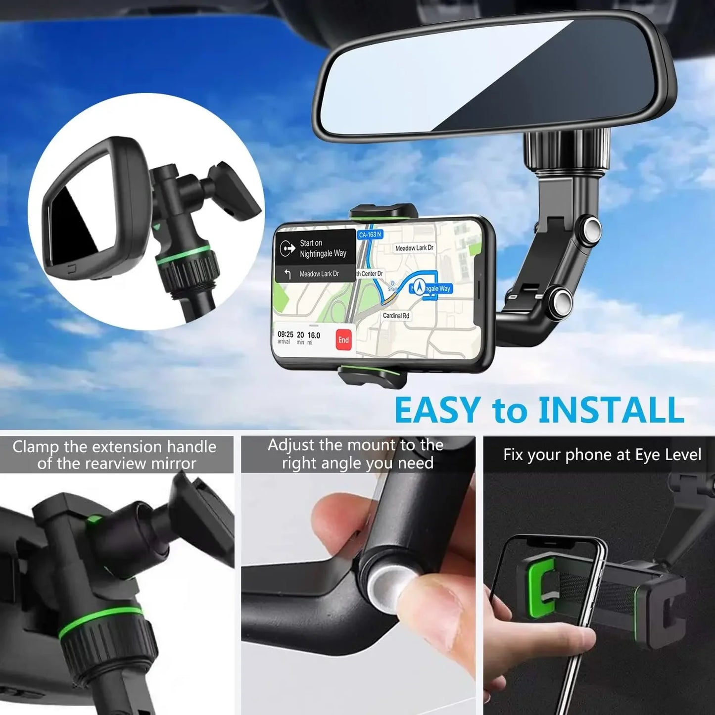 360° Rotatable & Retractable Rearview Mirror Phone Holder – Multifunctional Car Mount for Smartphones