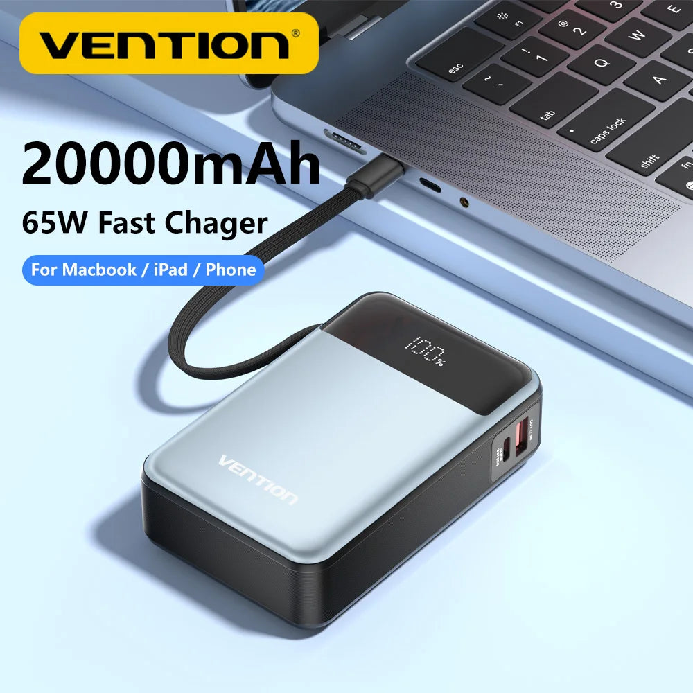 Vention 20000mAh Power Bank – 65W PD Fast Charger with Built-In Type-C Cable for Laptops & Mobile Devices