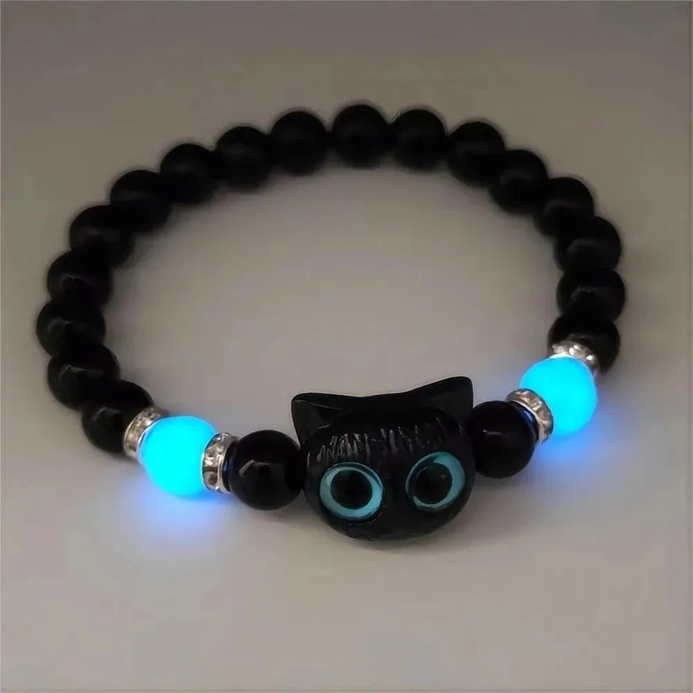 Matching Glow-in-the-Dark Cat Bracelets for Couples – Luminous Friendship Bangles in Black & White, Perfect Gift for Men & Women