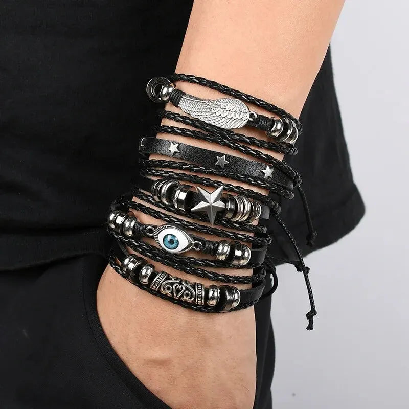 5-Piece DIY Punk Bracelet Set – Unique Evil Eye, Wing & Star Designs in Braided PU Leather with Beads