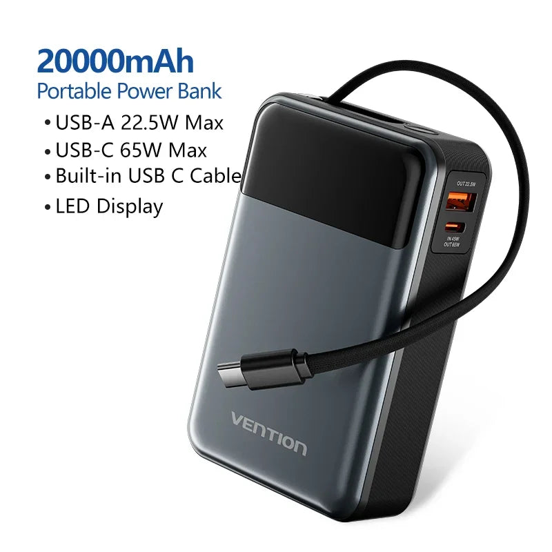 Vention 20000mAh Power Bank – 65W PD Fast Charger with Built-In Type-C Cable for Laptops & Mobile Devices