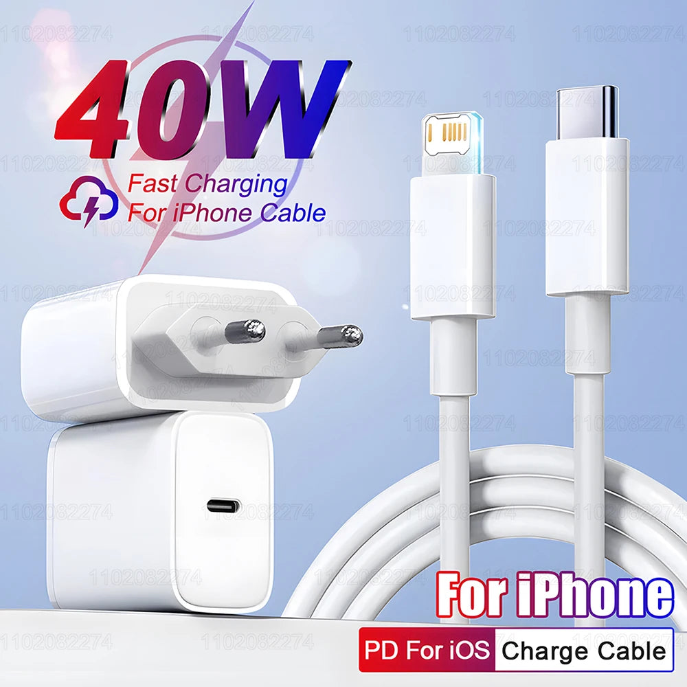 PD 40W Fast Charger for iPhone – USB-C Quick Charge Adapter & Data Cable for iPhone 11/12/13/14/15/16 Pro Max & Plus