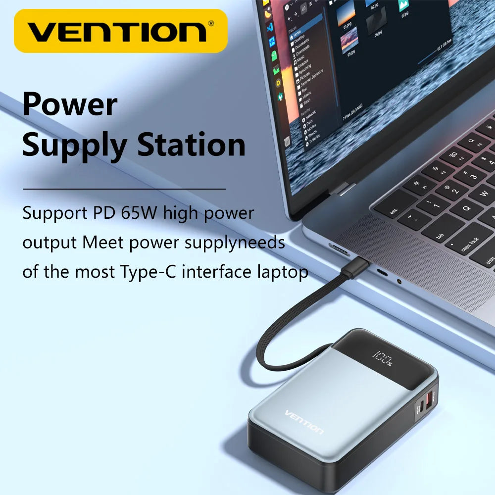 Vention 20000mAh Power Bank – 65W PD Fast Charger with Built-In Type-C Cable for Laptops & Mobile Devices