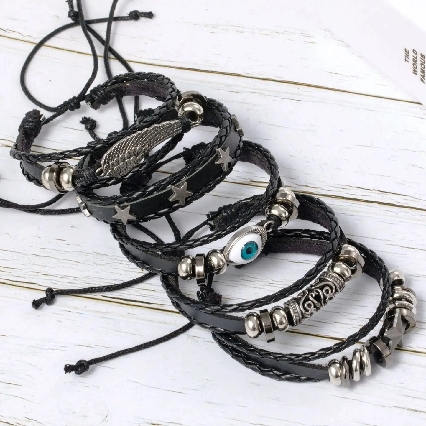 5-Piece DIY Punk Bracelet Set – Unique Evil Eye, Wing & Star Designs in Braided PU Leather with Beads