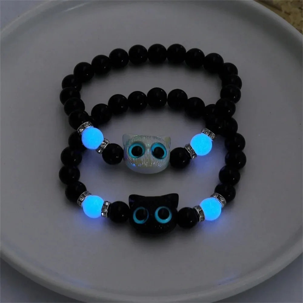 Matching Glow-in-the-Dark Cat Bracelets for Couples – Luminous Friendship Bangles in Black & White, Perfect Gift for Men & Women