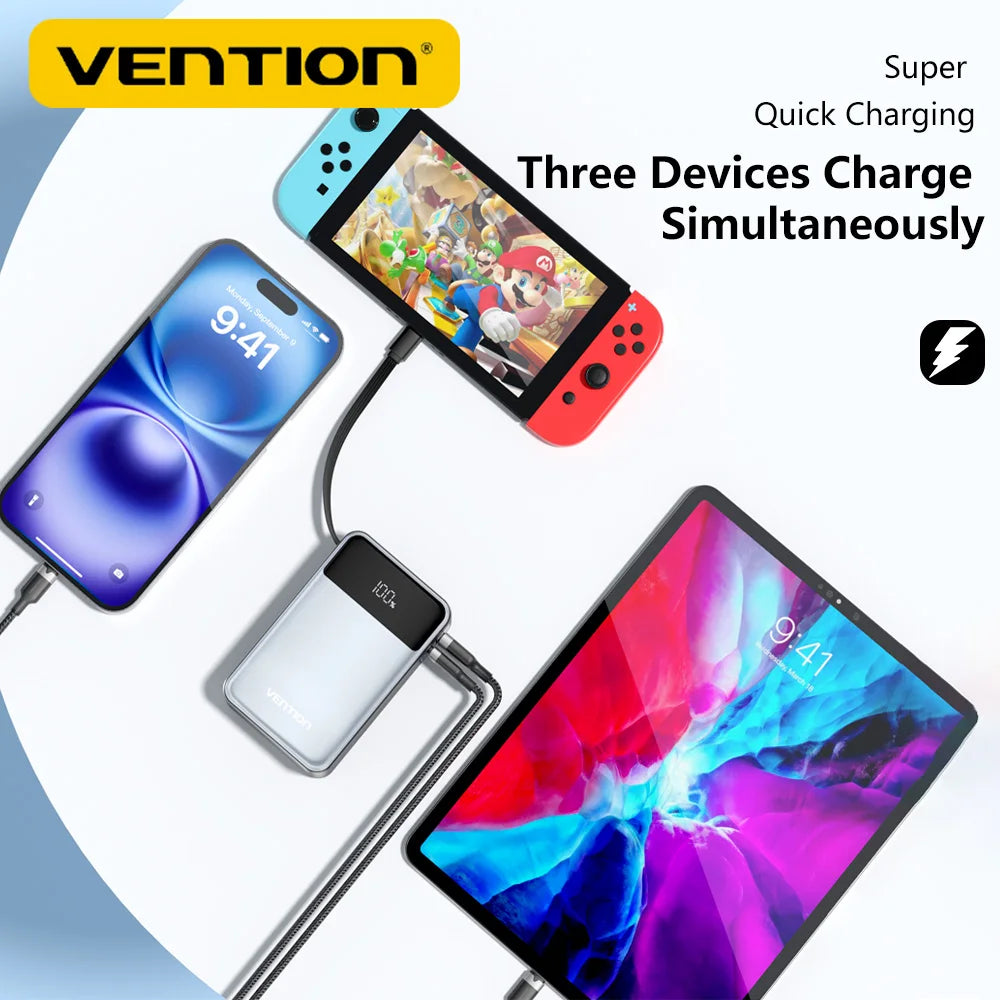 Vention 20000mAh Power Bank – 65W PD Fast Charger with Built-In Type-C Cable for Laptops & Mobile Devices