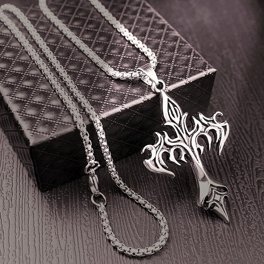 Hip Hop Stainless Steel Flame Cross Pendant Necklace – Unique Gothic Jewelry Gift for Men & Women