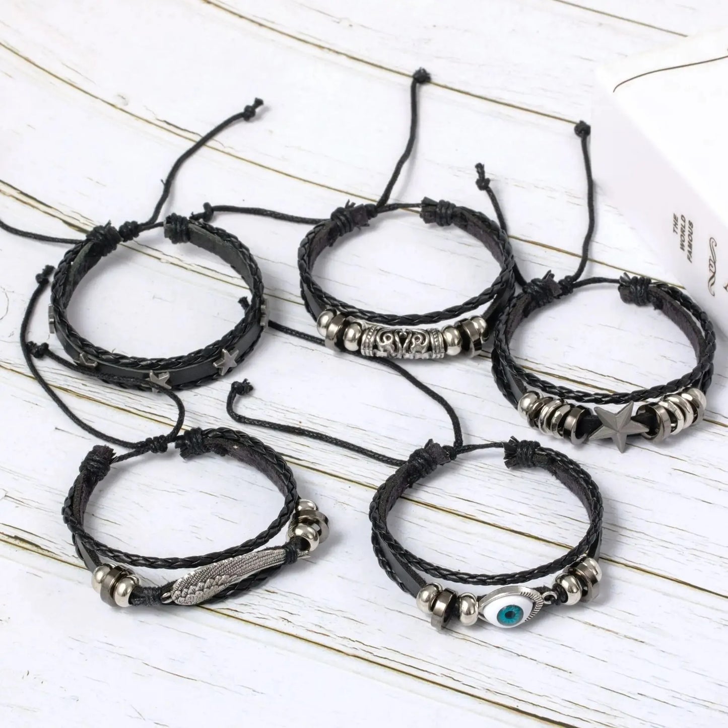 5-Piece DIY Punk Bracelet Set – Unique Evil Eye, Wing & Star Designs in Braided PU Leather with Beads