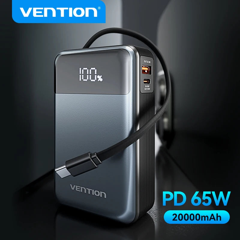 Vention 65W PD Fast Charging Portable Power Bank – 20000mAh with Built-In USB-C Cable for Laptops & iPhones (16/15/14/13 Pro Max)