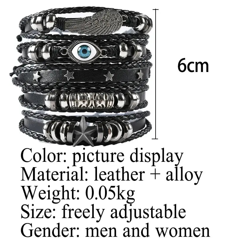 5-Piece DIY Punk Bracelet Set – Unique Evil Eye, Wing & Star Designs in Braided PU Leather with Beads