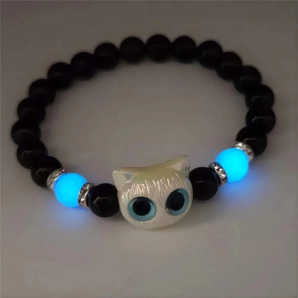 Matching Glow-in-the-Dark Cat Bracelets for Couples – Luminous Friendship Bangles in Black & White, Perfect Gift for Men & Women