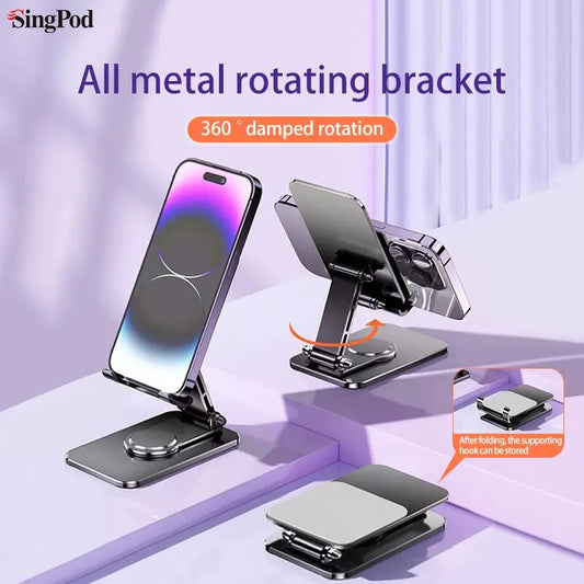 360° Rotating Aluminum Alloy Phone Holder – Portable & Foldable Desktop Stand for Phones & Phablets