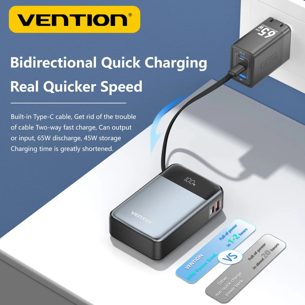 Vention 20000mAh Power Bank – 65W PD Fast Charger with Built-In Type-C Cable for Laptops & Mobile Devices