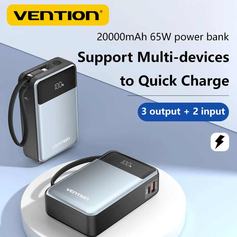 Vention 20000mAh Power Bank – 65W PD Fast Charger with Built-In Type-C Cable for Laptops & Mobile Devices