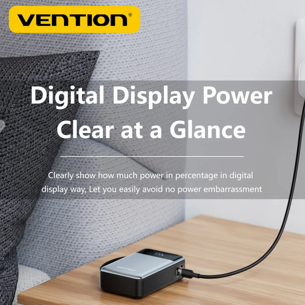 Vention 20000mAh Power Bank – 65W PD Fast Charger with Built-In Type-C Cable for Laptops & Mobile Devices