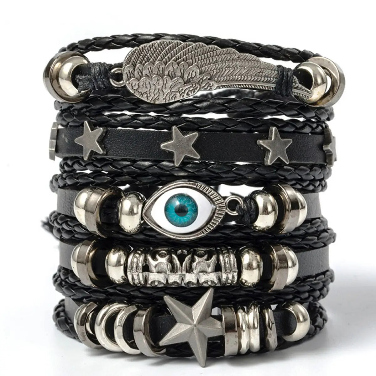 5-Piece DIY Punk Bracelet Set – Unique Evil Eye, Wing & Star Designs in Braided PU Leather with Beads