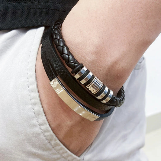 Trendy Men's Leather & Stainless Steel Bracelet – 21CM Multilayer Braided Rope Jewelry Gift