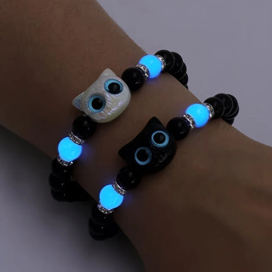 Matching Glow-in-the-Dark Cat Bracelets for Couples – Luminous Friendship Bangles in Black & White, Perfect Gift for Men & Women